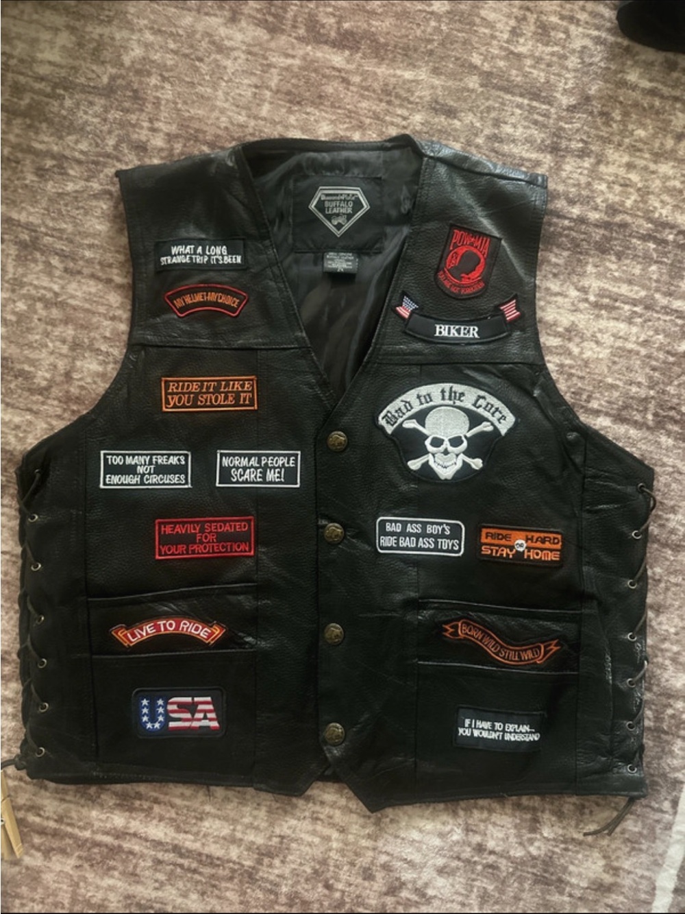 Buffalo David Bitton Black Leather Biker Vest with Patch Details